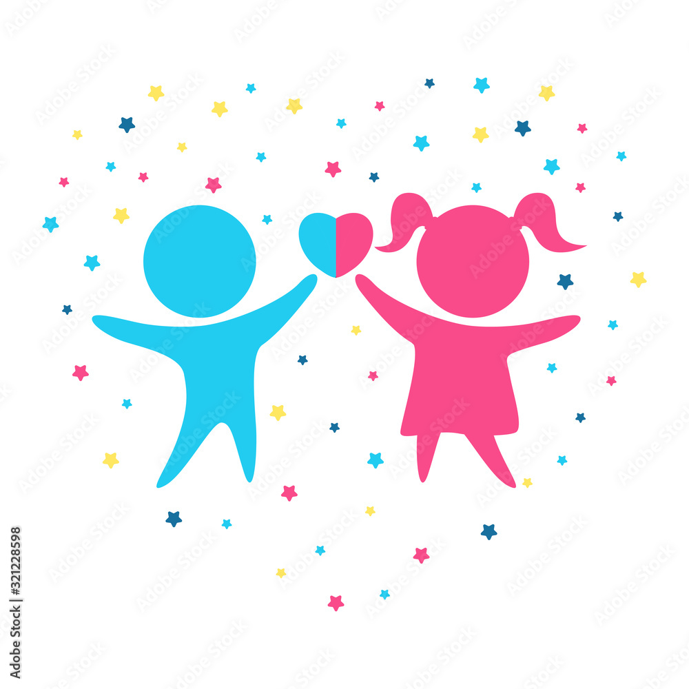Images of boy and girl hold heart and stars around them form heart. Images of boy and girl hold heart and stars around them form heart.