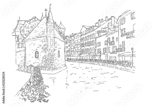 City sketching. Line art silhouette. Travel card. Tourism concept. France, Annecy. Isolated. Vector illustration.