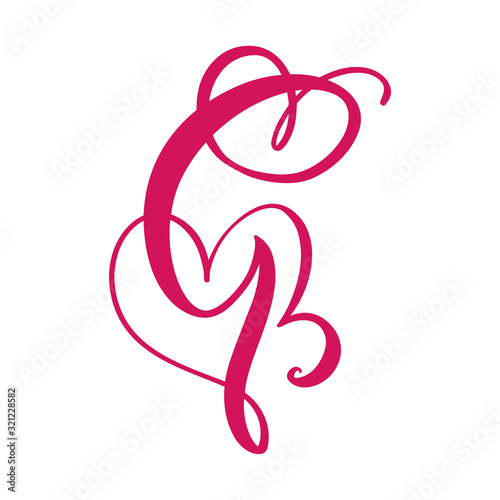 Vector Vintage floral monogram letter G. Calligraphy element heart logo Valentine card flourish frame. Hand drawn Love sign for page decoration and design illustration