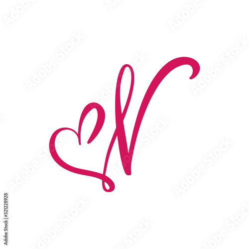 Vector Vintage floral monogram letter F. Calligraphy element heart logo  Valentine card flourish frame. Hand drawn Love sign for page decoration and  design illustration, Stock vector