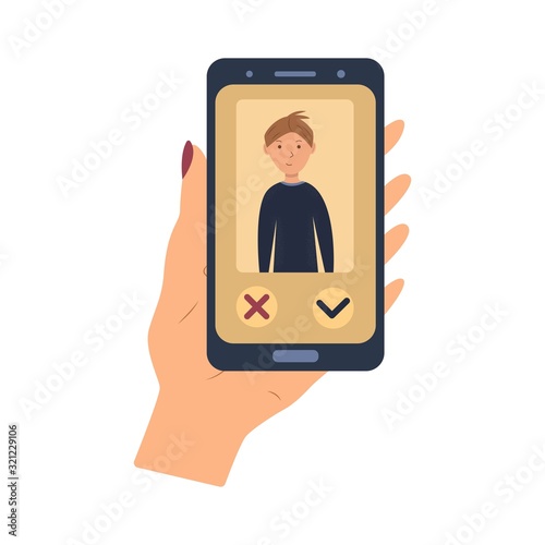 Phone in hand with the image of a guy on the screen and selection buttons. Application for dating. Online dating app - modern colorful thematic illustration on white background