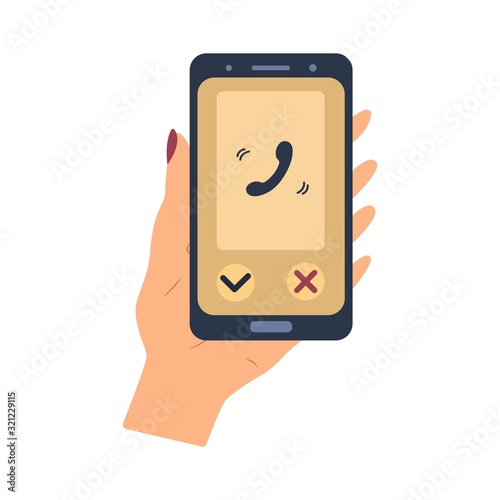 A smartphone with a new incoming call on the screen. Hand holds the phone. Flat style illustration. Receive calls on your mobile. Business and face-to-face communication
