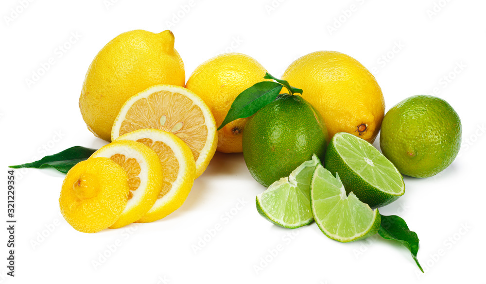 Lemon and lime together isolated on white background