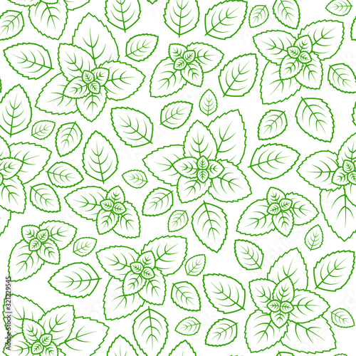 Vector seamless pattern with mint leaves. Green linear ornament on a white background. Colorful decorative pattern for kitchen textiles, packaging, wallpaper, natural organic cosmetics, fabric print.