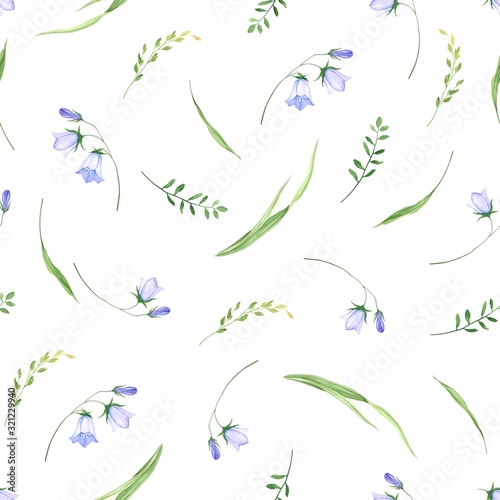 Blue bells flowers and green grass, summer wildflowers, seamless floral pattern. Vector illustration textile, fabric or wallpapers in vintage watercolor style.