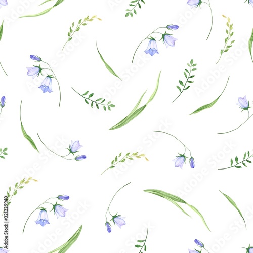 Blue bells flowers and green grass  summer wildflowers  seamless floral pattern. Vector illustration textile  fabric or wallpapers in vintage watercolor style.