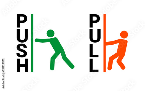 Push pull door sign. Vector push and pull icon sticker design concept photo