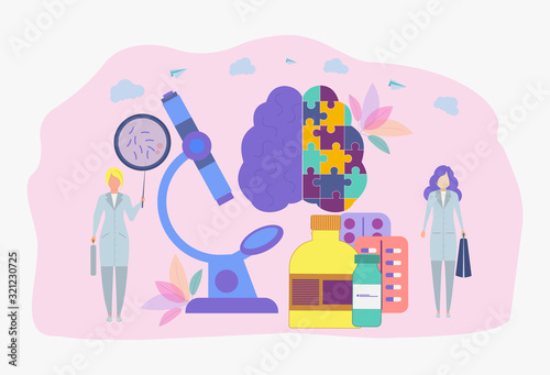 Scientists are testing or producing pharmaceuticals. Pharmacological business, pharmaceutical industry, pharmacological service concept. Colorful vector illustration.