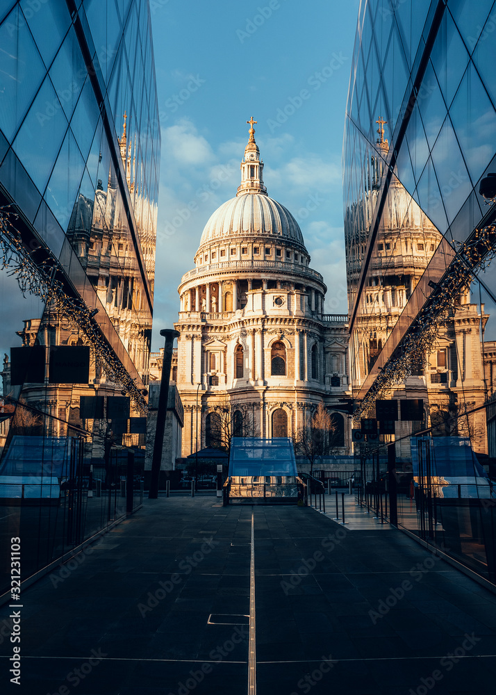 St Paul's Cathedral reflected in modern glass buildings, London