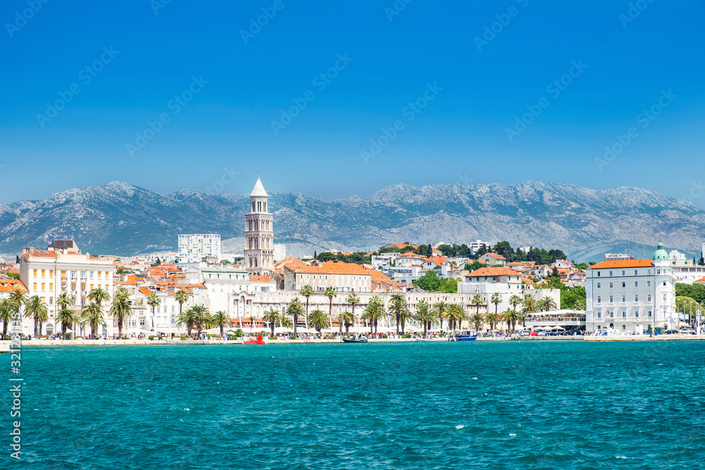 Croatia, Adriatic coast, city of Split, view on waterfront seascape and cathedral tower