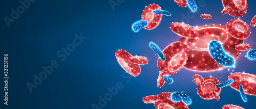 Erythrocytes or red blood cells. Human vascular system, microscopic cells world concept. Abstract polygonal image on blue neon background. Low poly, wireframe, digital 3d vector illustration