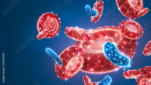 Erythrocytes or red blood cells. Human vascular system, microscopic cells world concept. Abstract polygonal image on blue neon background. Low poly, wireframe, digital 3d vector illustration