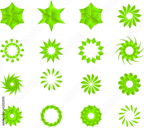 green color stars, mandala, flowers, snow flakes vector pack.