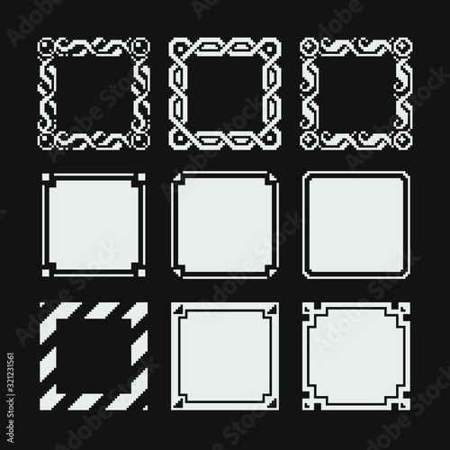 Frames set, pixel art style, element design for mobile app and web. Banner object for your concept design, invitation, greeting card, poster, photo frame. Video game assets. Isolated vector illustra