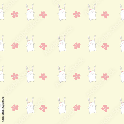 Fototapeta Naklejka Na Ścianę i Meble -  Pattern of kawaii cartoon white rabbit and pink flower on yellow background for background, wallpaper, fabric textile, paper print, kid clothes.