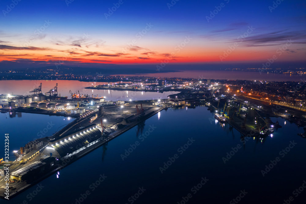 View of drone to the port Burgas at night