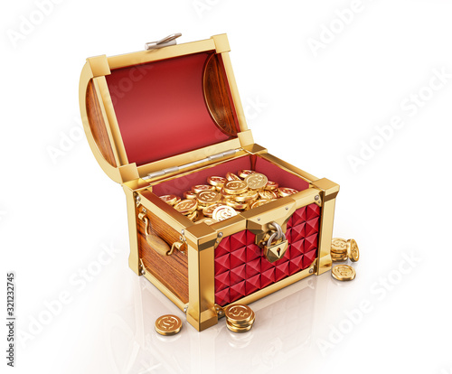 Treasure Coffer almost full of gold coins, a few also outside.