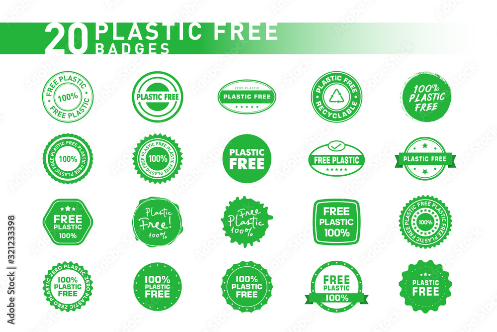 Collection of 20 plastic free various badges, symbols and emlems. Ecology and environment protection. Vector illustration. Collection of 20 plastic free various badges, symbols and emlems. Ecology and environment protection. Vector illustration.