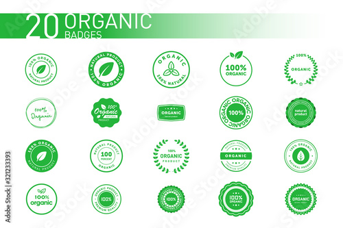Collection of 20 organic various badges, symbols and emlems. Ecology and environment protection. Vector illustration.