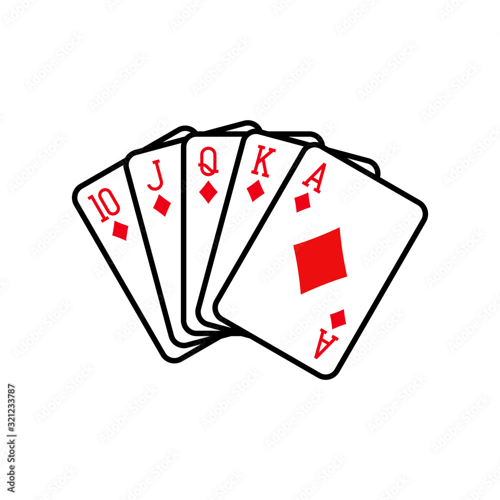 Obraz premium Royal flush hand of diamonds, playing cards deck colorful illustration. Poker cards, jack, queen, king and ace vector.