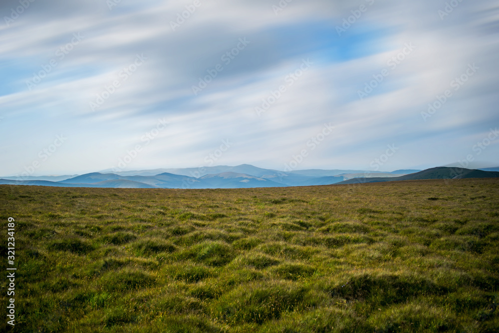 grass covered grassland, in a mountain area. The mountains can be seen somewhere in the distance