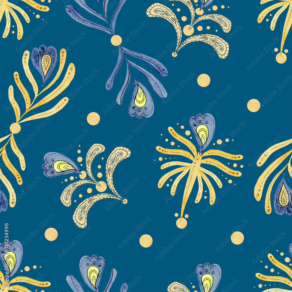 Oriental ornament on a blue background. seamless pattern of yellow leaves on a blue background