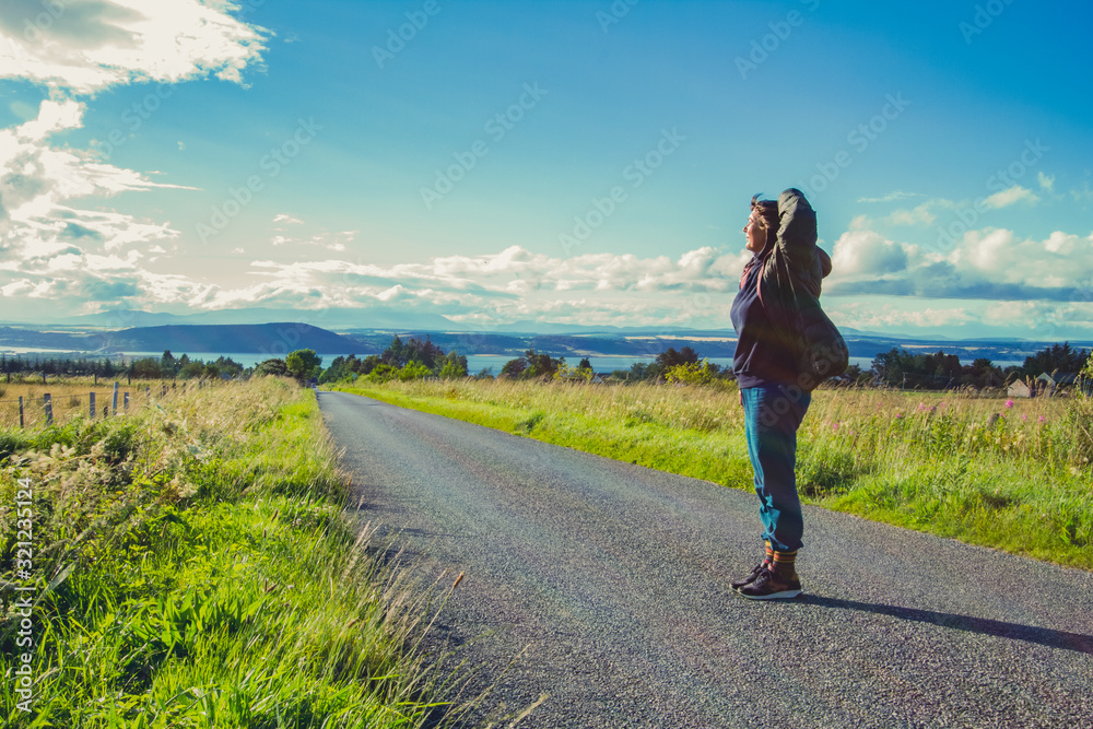 Panoramic perspective view of scottish landscape in the evening. Active lifestyle and travelling concept.