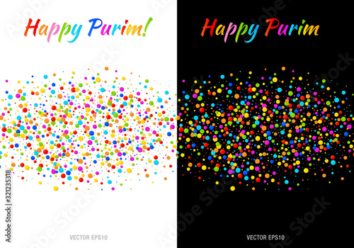 Happy Purim carnival text with colorful rainbow colors paper confetti cloud strip isolated on white and black A4 size background. Purim Jewish holiday. Vector Birthday template. Poster or flyer.