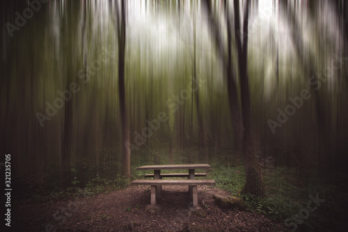 Mesa de picnic dentro del bosque difuminado