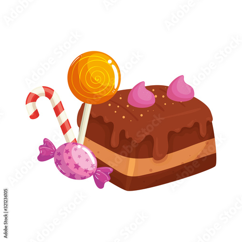 delicious brownie chocolate with candies vector illustration design
