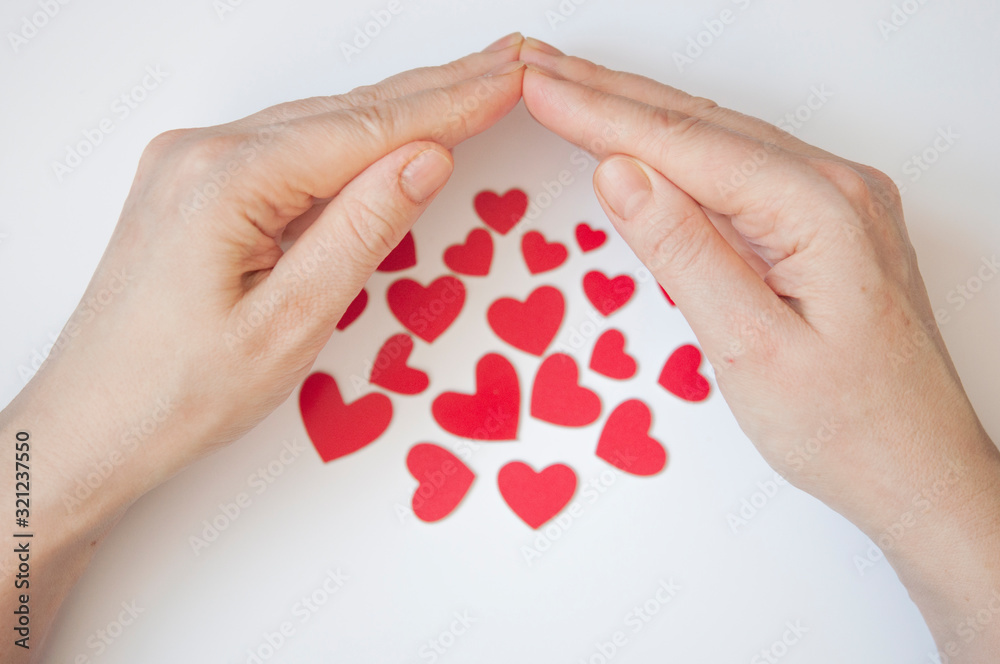 Valentine's Day background. Women's hands hold many red hearts in the palm against the white background. Concept of saving love