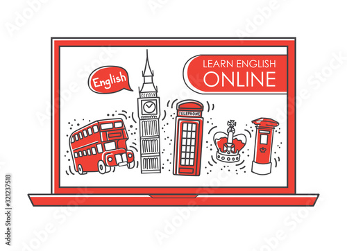 Modern vector illustration Learn English online. Doodle British symbols on the laptop screen. Famous London attractions in the line style. Distant and home education concept.