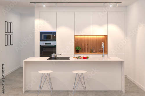 3d render of modern white kitchen with island front