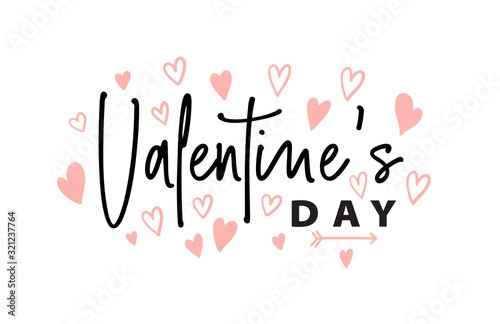 Valentines Day romantic greeting card  typography poster with text and hearts. Happy Valentine s Day hand drawn brush lettering. Happy Valentine s Day on white background