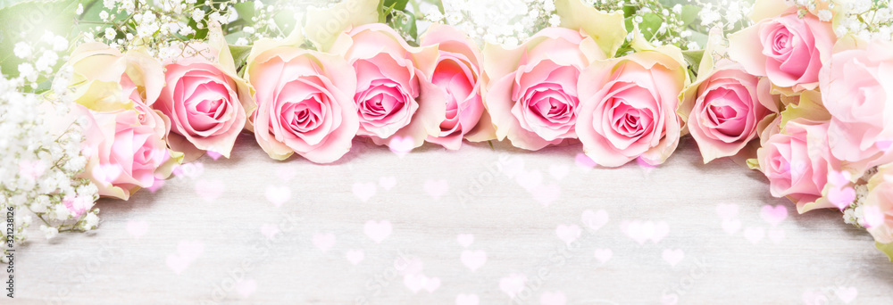 Pink roses and gypsophila, greeting card for Valentine's Day, banner