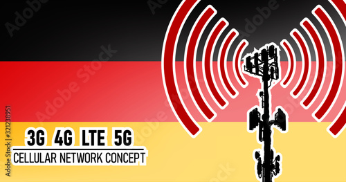 Cellular mobile tower - connection network concept for Germany, vector illustration of 3g 4g LTE and 5g dangerous waves from the cell tower, risk of 5G idea in colors black, red, yellow