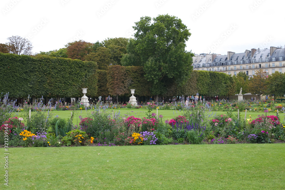  Green grass and flowers in a Paris park. France