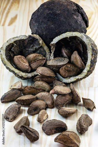 Brazil nut, with shell. Culinary ingredient from brazil. The Brazil nut is called 