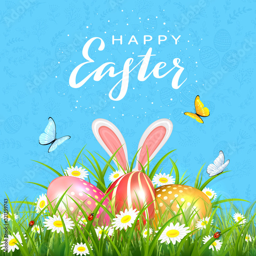 Easter Blue Background with Eggs in Grass and Rabbit Ears