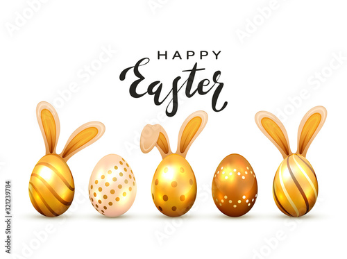 Golden Easter Eggs with Rabbit Ears and Lettering Happy Easter on White Background