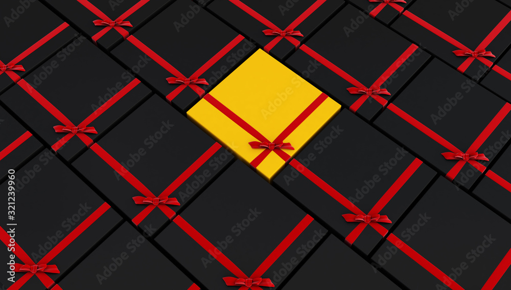 3d rendering of Black gift box with shiny red ribbons withe yellow box in the middle , 3d rendering of Black gift box with shiny red ribbons withe yellow box in the middle ,