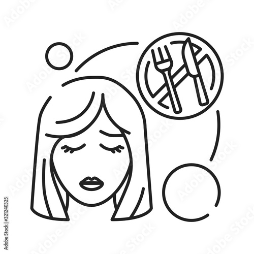 Early pregnancy symptoms: food aversion line black icon. Lose appetite. Depression stress concept. Pregnant blond woman and prohibition sign. Sign for web page, mobile app. Editable stroke.