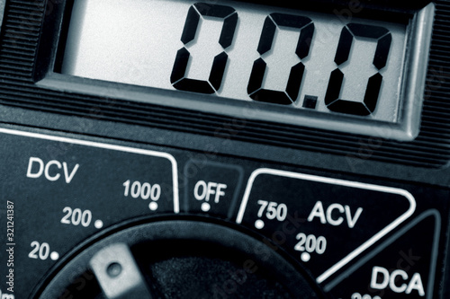 Electronic digital voltmeter with zero reading close up.
