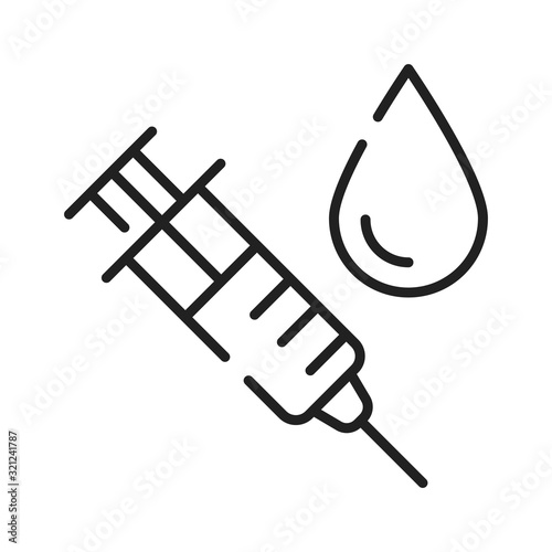 Syringe for injection vaccine with blood black line icon. Medical examination concept. Pictogram for web, mobile app, promo. UI UX design element. Editable stroke.