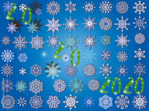 large group of snowflakes on blue background