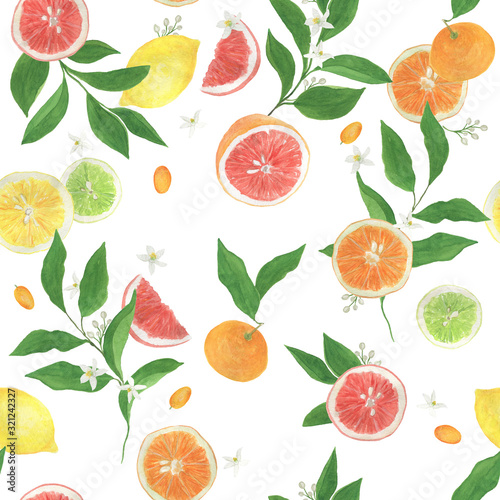 Watercolor painting seamless pattern with citrus fruits: lemon, lime, grapefruit, orange.