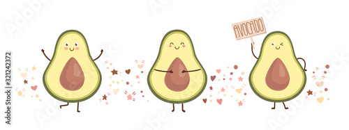 Vector illustration of happy avocado. Set of three kawaii characters with doodle hearts, starts, and dots. Cute fruits in a trendy flat style. Card, print, poster design isolated on white background.