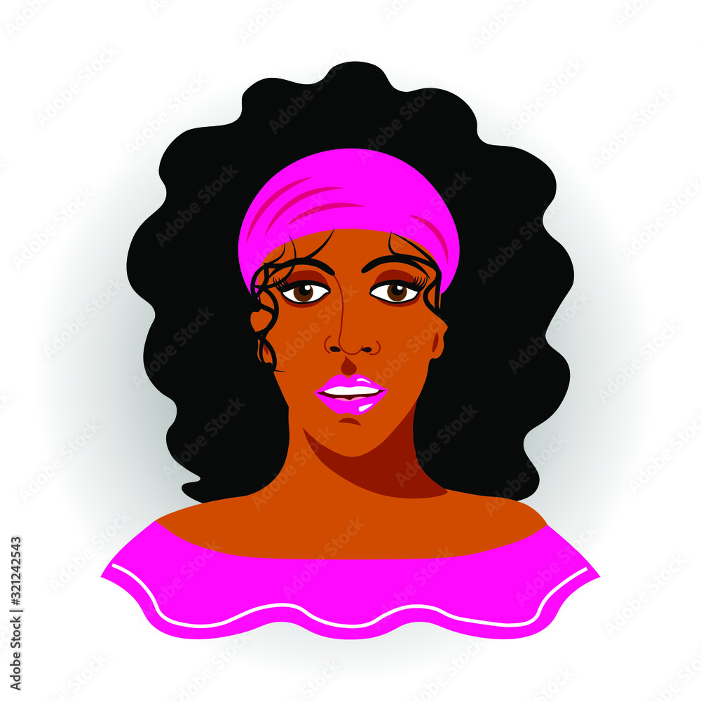 Portrait of a dark-skinned woman with long hair in a front view, on a white background. Isolated, vector illustration.