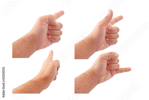 Hand set showing various gestures isolated white background