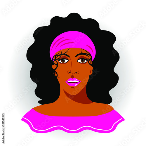 Portrait of a dark-skinned woman with long hair in a front view, on a white background. Isolated, vector illustration.